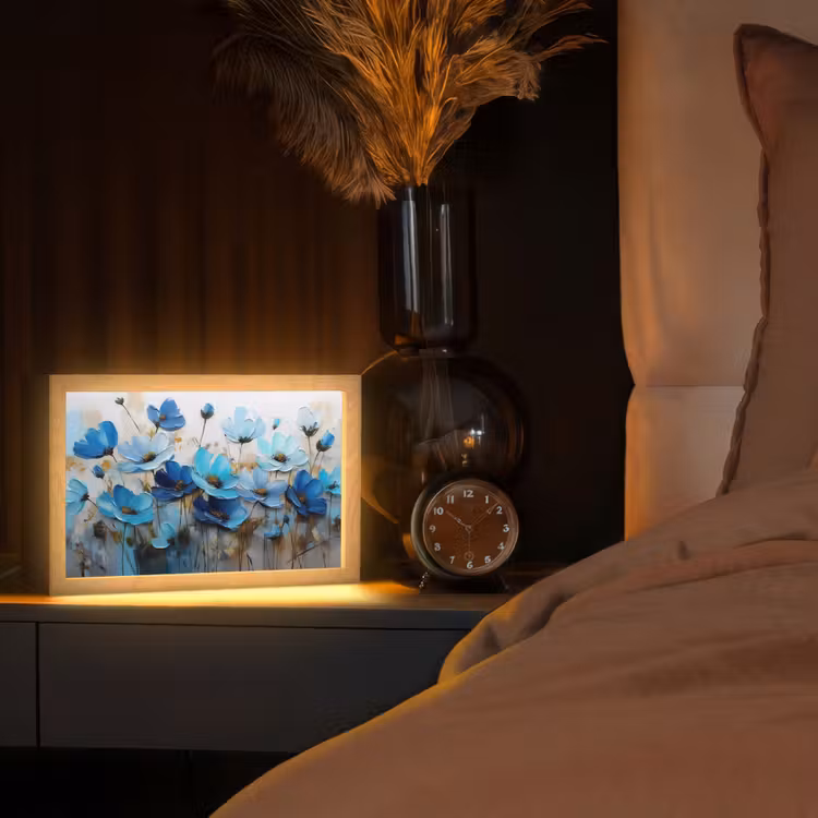 Bloemen - Schilderij - Blauw Light Box met kabel (Tafellamp) klein -sfeer1