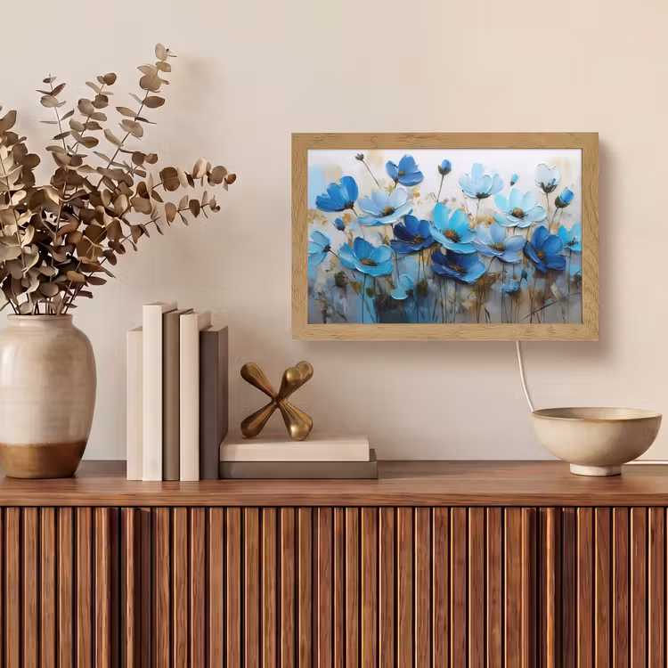 Bloemen - Schilderij - Blauw Light Box met kabel (Tafellamp) klein -sfeer2