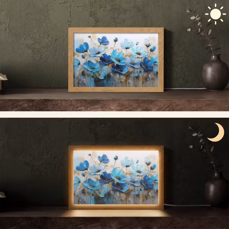 Bloemen - Schilderij - Blauw Light Box met kabel (Tafellamp) klein -sfeer3