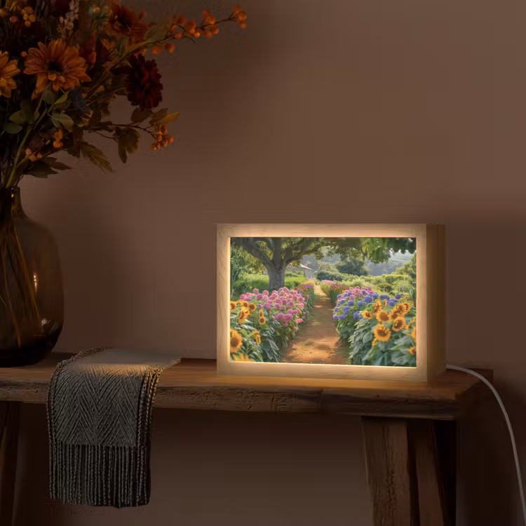 Bloemen - Pad - Zonnebloemen - Tuin - Hortensia Light Box met kabel (Tafellamp) klein -sfeer4