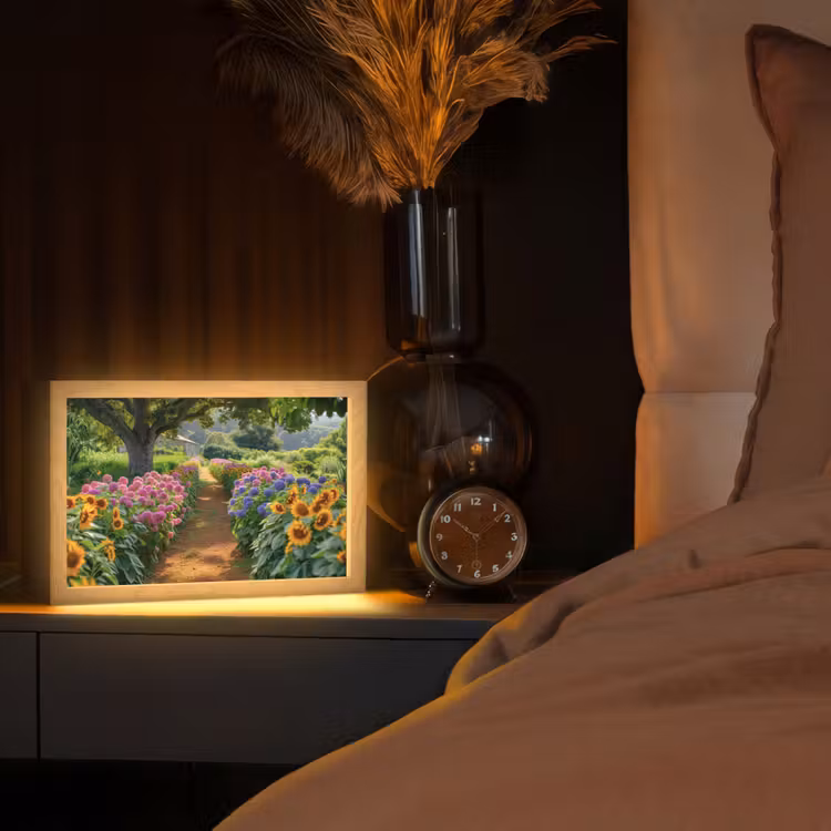 Bloemen - Pad - Zonnebloemen - Tuin - Hortensia Light Box met kabel (Tafellamp) klein -sfeer1