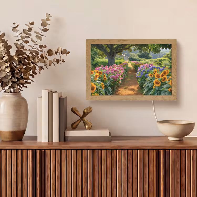 Bloemen - Pad - Zonnebloemen - Tuin - Hortensia Light Box met kabel (Tafellamp) klein -sfeer2