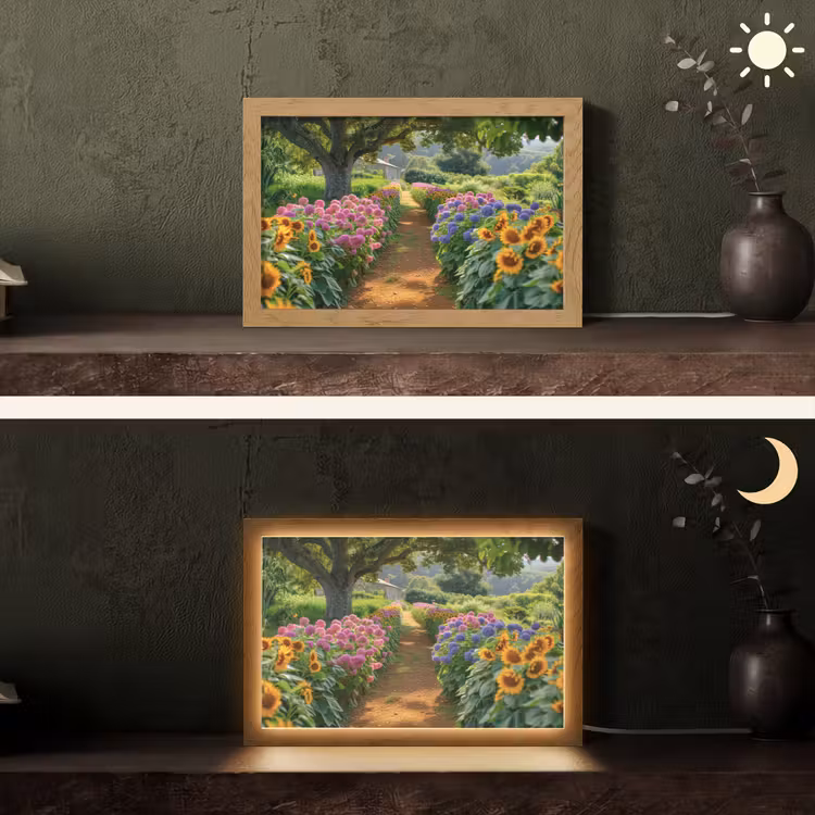 Bloemen - Pad - Zonnebloemen - Tuin - Hortensia Light Box met kabel (Tafellamp) klein -sfeer3