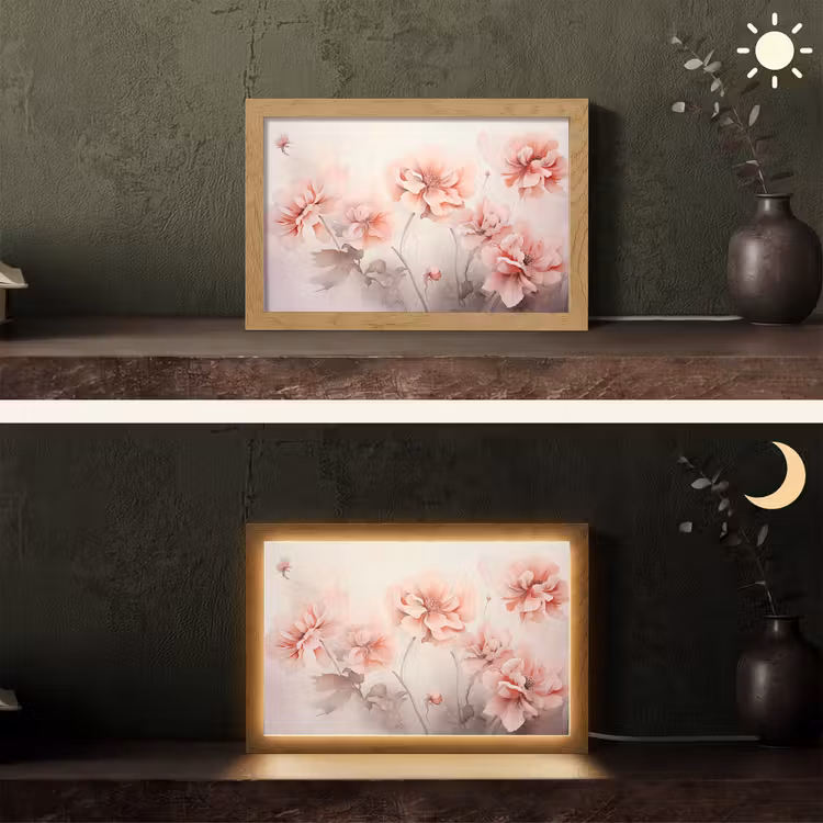 Bloemen - Roze - Kunst - Abstract - Aquarel Light Box met kabel (Tafellamp) klein -sfeer3