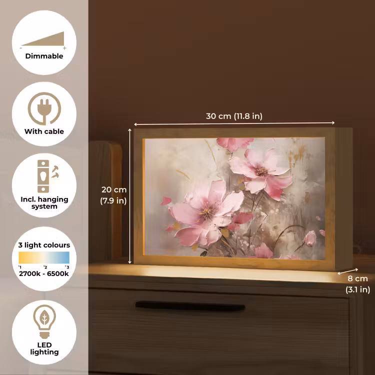 Bloemen - Roze - Kunst - Watercolor Light Box met kabel (Tafellamp) klein -USP_EN
