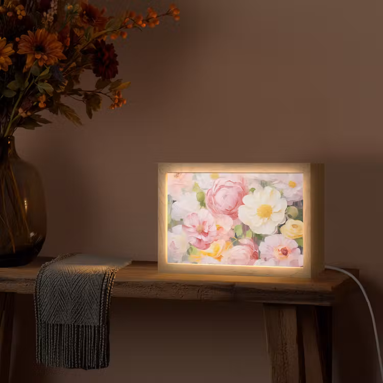 Bloemen - Roze - Botanisch - Kunst - Acrylverf Light Box met kabel (Tafellamp) klein -sfeer4