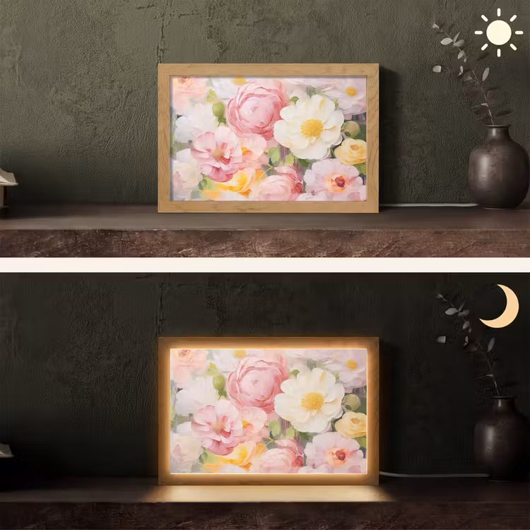 Bloemen - Roze - Botanisch - Kunst - Acrylverf Light Box met kabel (Tafellamp) klein -sfeer3