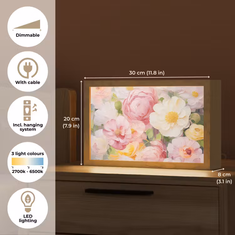 Bloemen - Roze - Botanisch - Kunst - Acrylverf Light Box met kabel (Tafellamp) klein -USP_EN