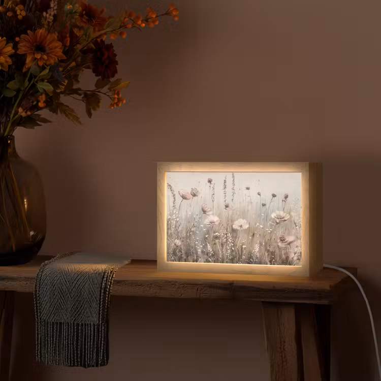 Bloemen - Roze - Modern - Beige Light Box met kabel (Tafellamp) klein -sfeer4