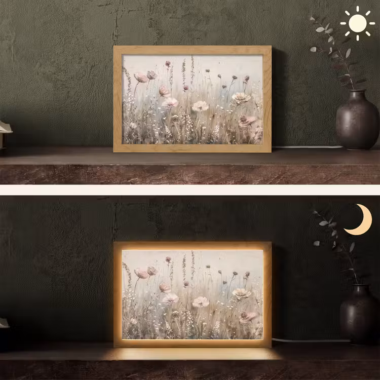 Bloemen - Roze - Modern - Beige Light Box met kabel (Tafellamp) klein -sfeer3