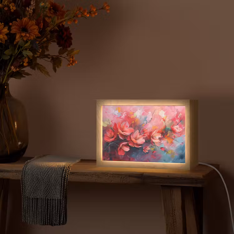 Bloemen - Roze - Natuur- Kunst - Abstract Light Box met kabel (Tafellamp) klein -sfeer4
