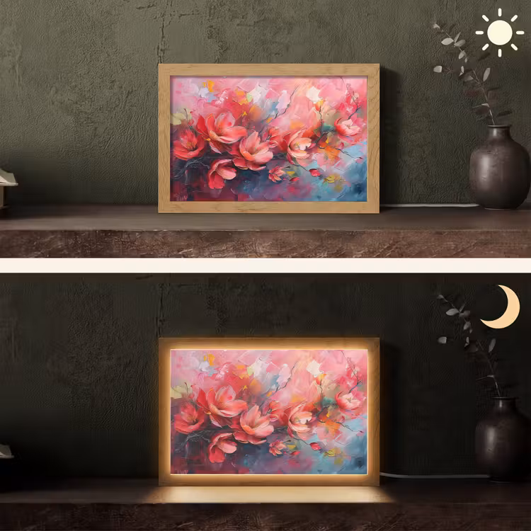 Bloemen - Roze - Natuur- Kunst - Abstract Light Box met kabel (Tafellamp) klein -sfeer3