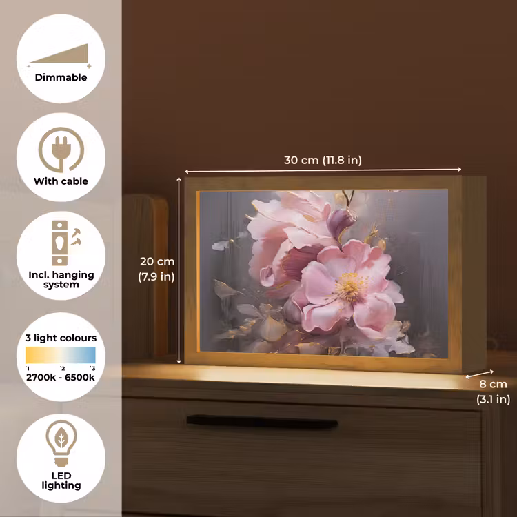 Bloemen - Roze - Stilleven - Kunst Light Box met kabel (Tafellamp) klein -USP_EN