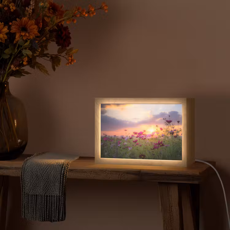 Bloemen - Roze - Zonsondergang - Natuur - Weide - Horizon Light Box met kabel (Tafellamp) klein -sfeer4