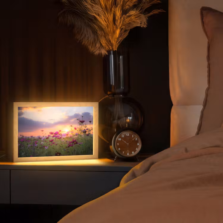 Bloemen - Roze - Zonsondergang - Natuur - Weide - Horizon Light Box met kabel (Tafellamp) klein -sfeer1
