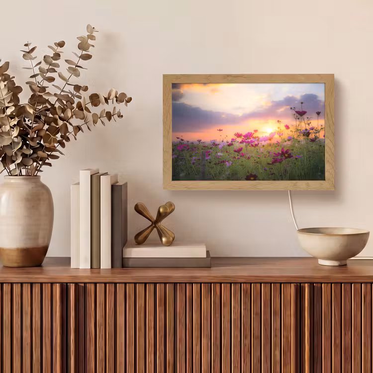 Bloemen - Roze - Zonsondergang - Natuur - Weide - Horizon Light Box met kabel (Tafellamp) klein -sfeer2