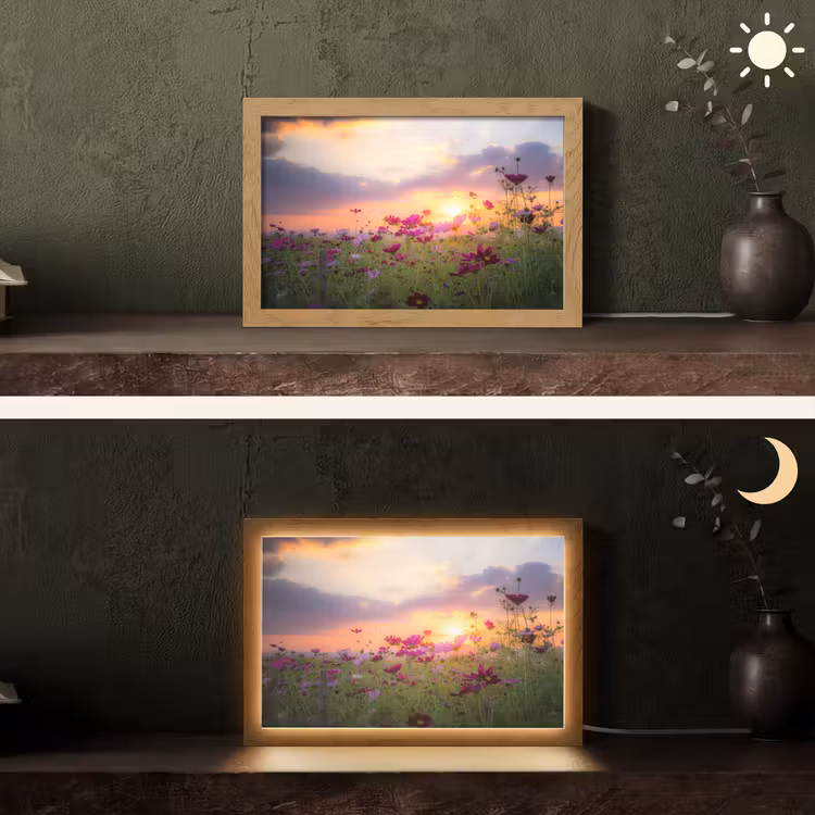 Bloemen - Roze - Zonsondergang - Natuur - Weide - Horizon Light Box met kabel (Tafellamp) klein -sfeer3