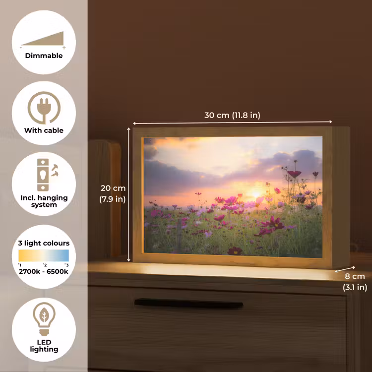 Bloemen - Roze - Zonsondergang - Natuur - Weide - Horizon Light Box met kabel (Tafellamp) klein -USP_EN
