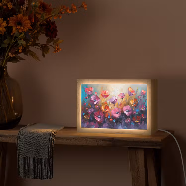 Bloemen - Paars - Kleurrijk - Handgeschilderd - Kunst Light Box met kabel (Tafellamp) klein -sfeer4