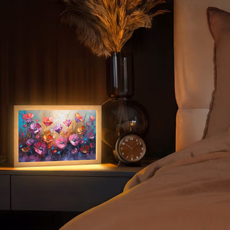 Bloemen - Paars - Kleurrijk - Handgeschilderd - Kunst Light Box met kabel (Tafellamp) klein -sfeer1