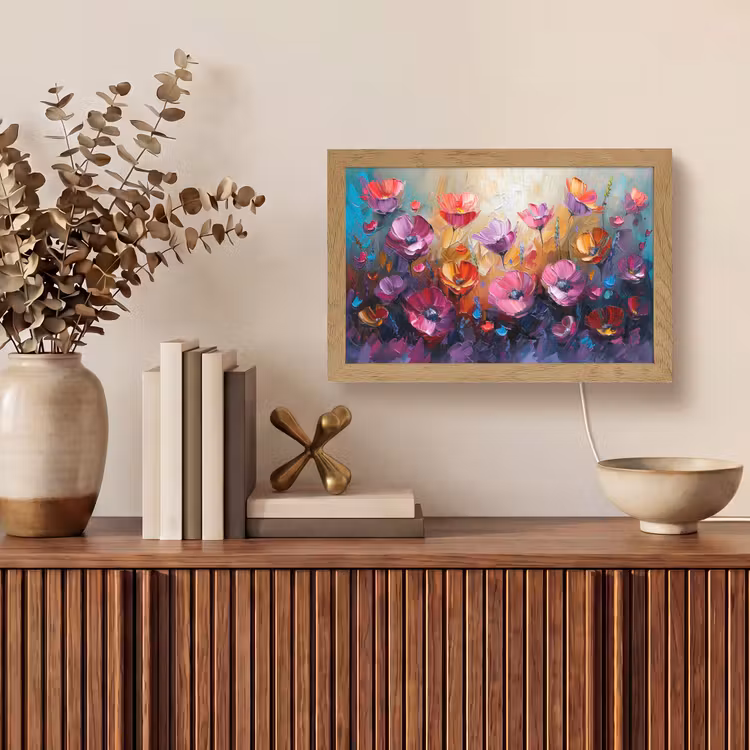Bloemen - Paars - Kleurrijk - Handgeschilderd - Kunst Light Box met kabel (Tafellamp) klein -sfeer2