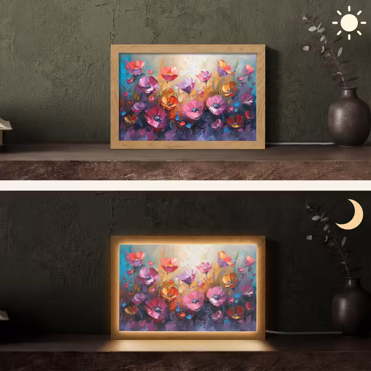 Bloemen - Paars - Kleurrijk - Handgeschilderd - Kunst Light Box met kabel (Tafellamp) klein -sfeer3