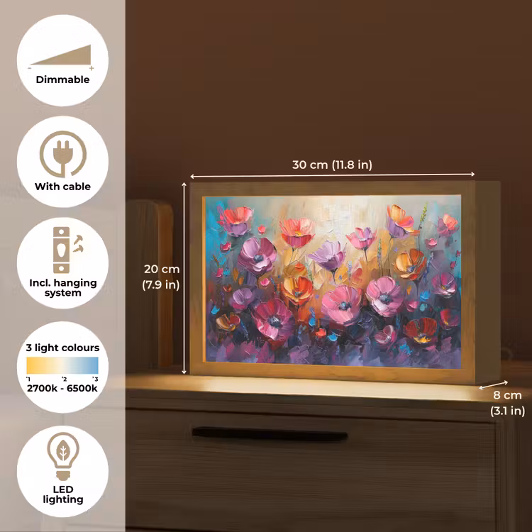Bloemen - Paars - Kleurrijk - Handgeschilderd - Kunst Light Box met kabel (Tafellamp) klein -USP_EN