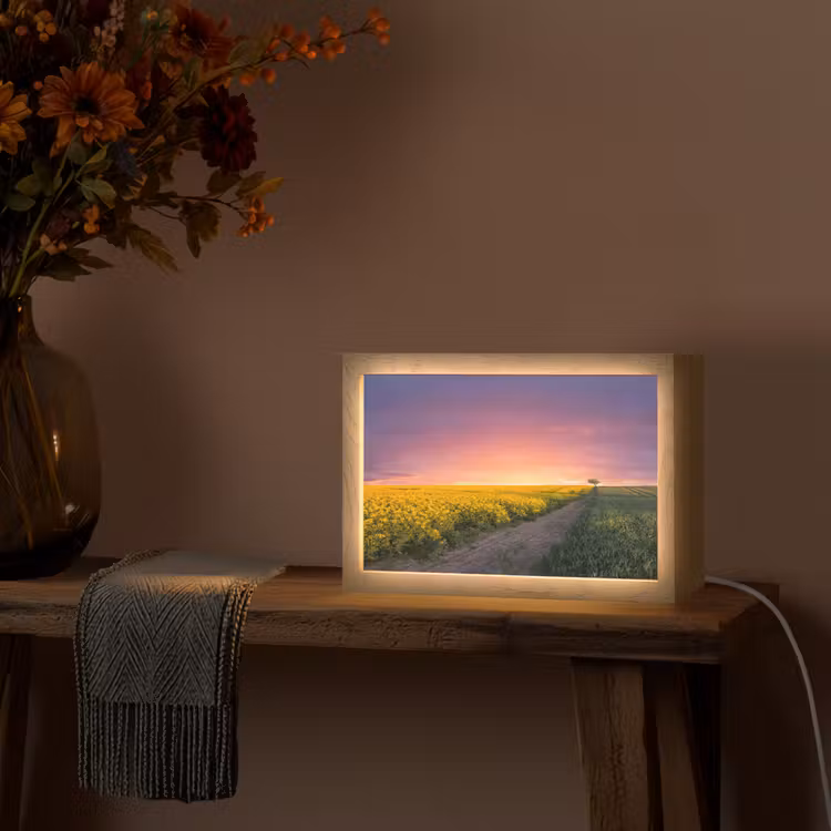 Bloemen - Weg - Lucht - Geel - Paars - Zonsondergang - Natuur Light Box met kabel (Tafellamp) klein -sfeer4