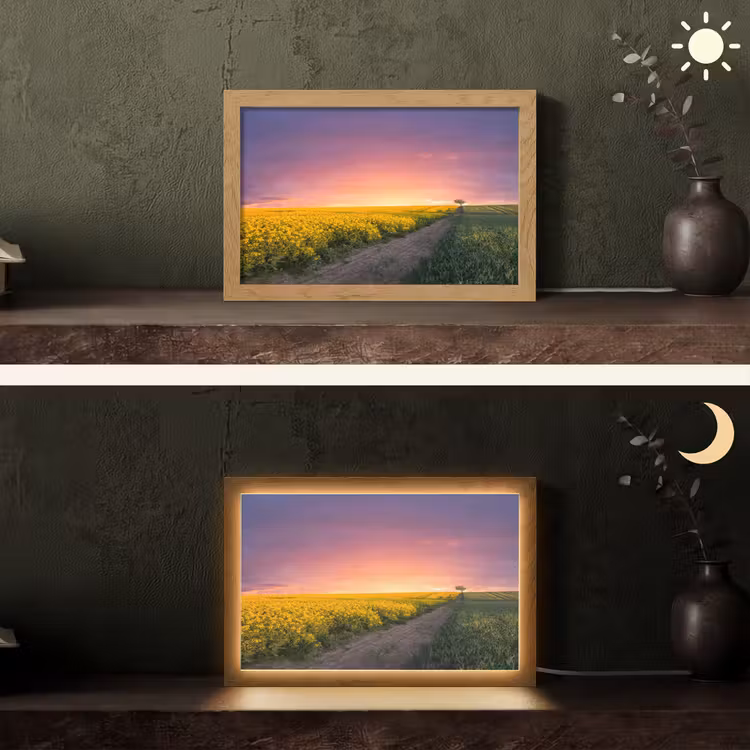 Bloemen - Weg - Lucht - Geel - Paars - Zonsondergang - Natuur Light Box met kabel (Tafellamp) klein -sfeer3