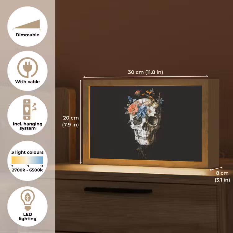 Bloemen - Schedel - Kleurrijk Light Box met kabel (Tafellamp) klein -USP_EN