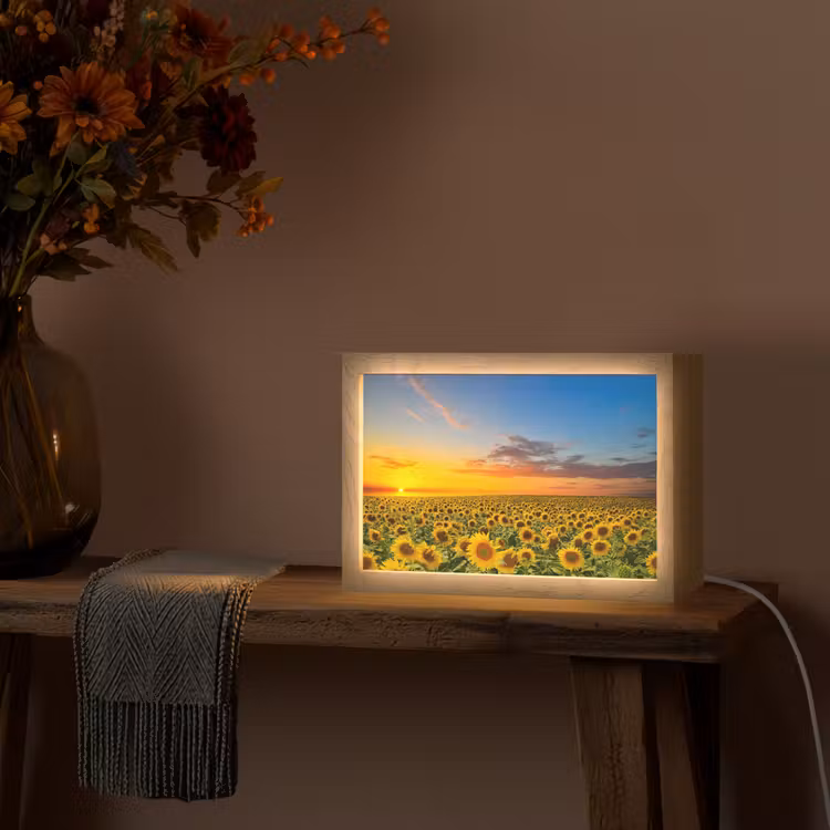 Bloemen - Zonnebloem - Zonsondergang - Nacht - Oranje Light Box met kabel (Tafellamp) klein -sfeer4