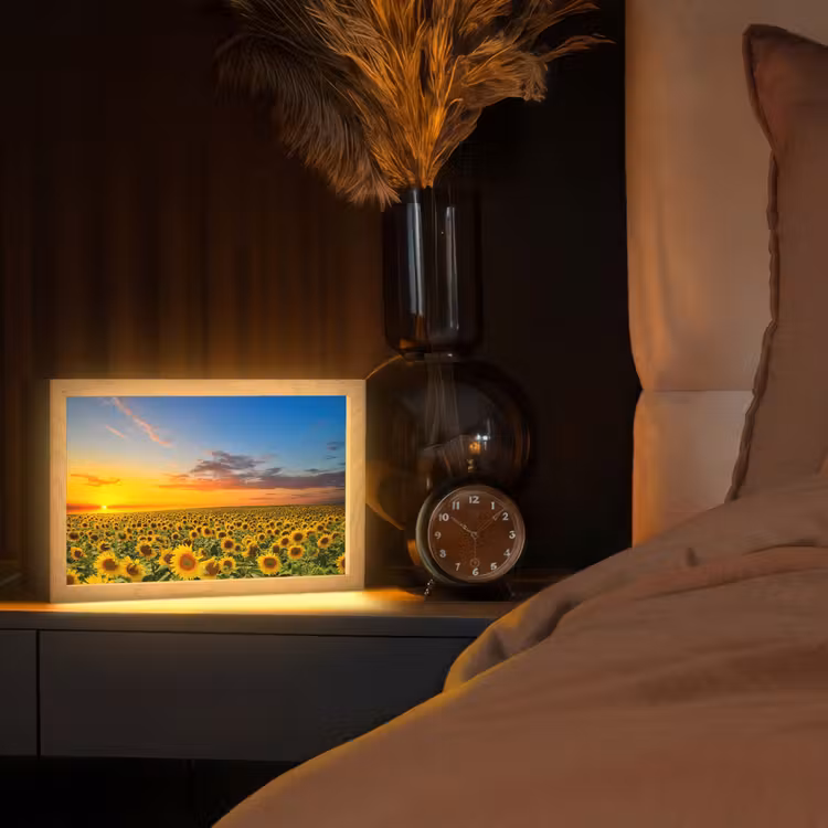 Bloemen - Zonnebloem - Zonsondergang - Nacht - Oranje Light Box met kabel (Tafellamp) klein -sfeer1