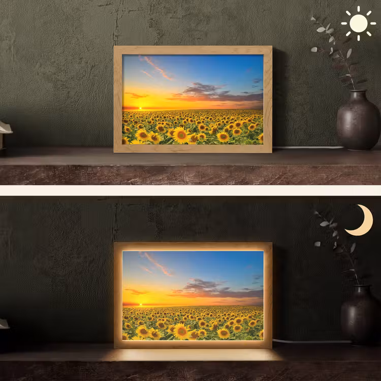 Bloemen - Zonnebloem - Zonsondergang - Nacht - Oranje Light Box met kabel (Tafellamp) klein -sfeer3