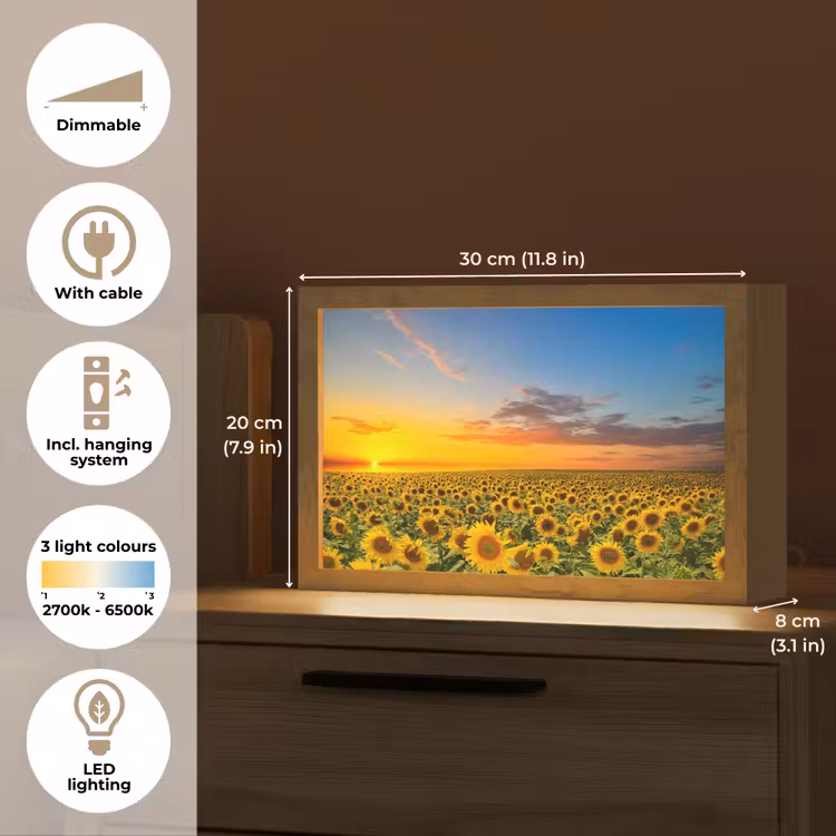 Bloemen - Zonnebloem - Zonsondergang - Nacht - Oranje Light Box met kabel (Tafellamp) klein -USP_EN