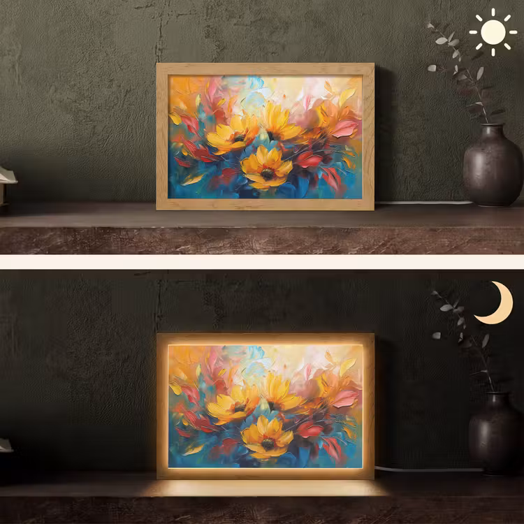 Bloemen - Zonnebloemen - Kunst - Geel Light Box met kabel (Tafellamp) klein -sfeer3