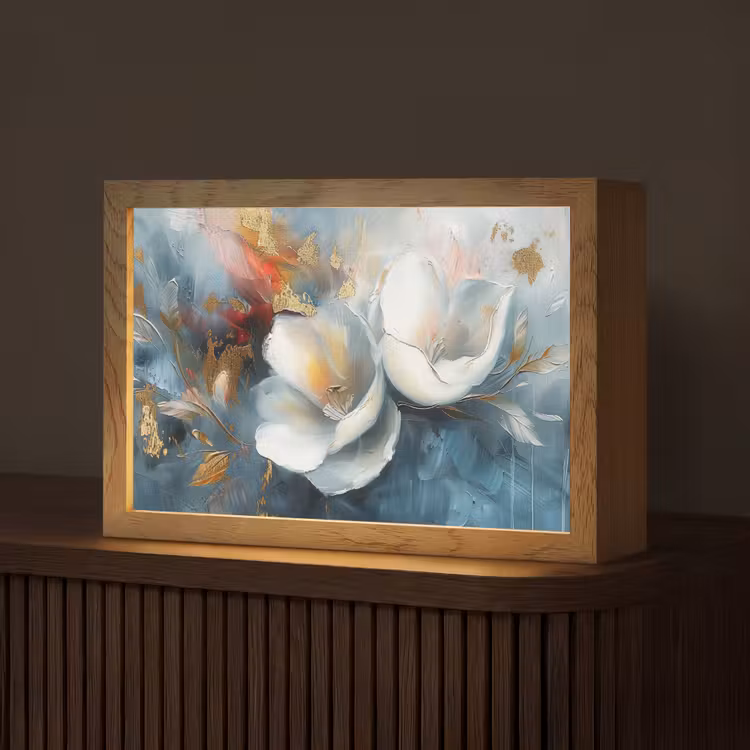 Bloemen - Wit - Goud - Kunst - Abstract Light Box met kabel (Tafellamp) klein -z3d_website