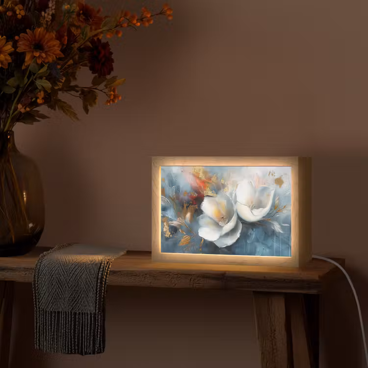 Bloemen - Wit - Goud - Kunst - Abstract Light Box met kabel (Tafellamp) klein -sfeer4