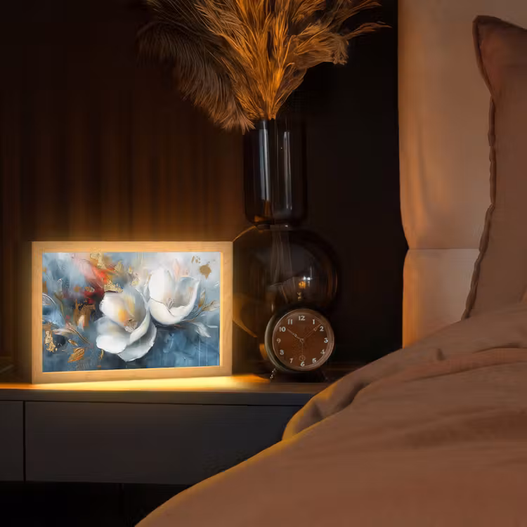 Bloemen - Wit - Goud - Kunst - Abstract Light Box met kabel (Tafellamp) klein -sfeer1