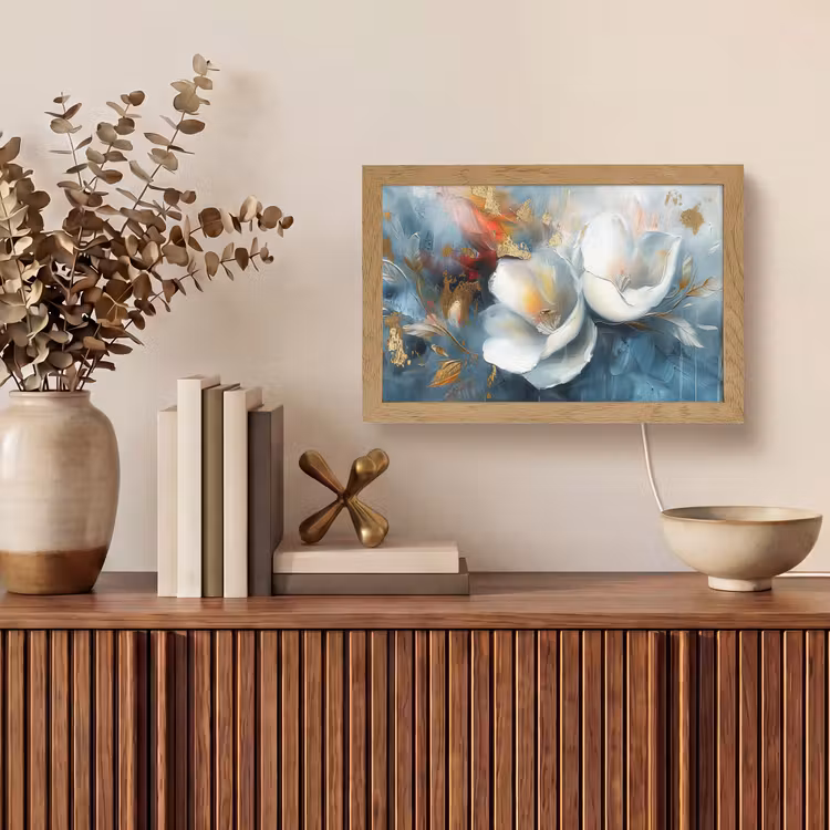Bloemen - Wit - Goud - Kunst - Abstract Light Box met kabel (Tafellamp) klein -sfeer2