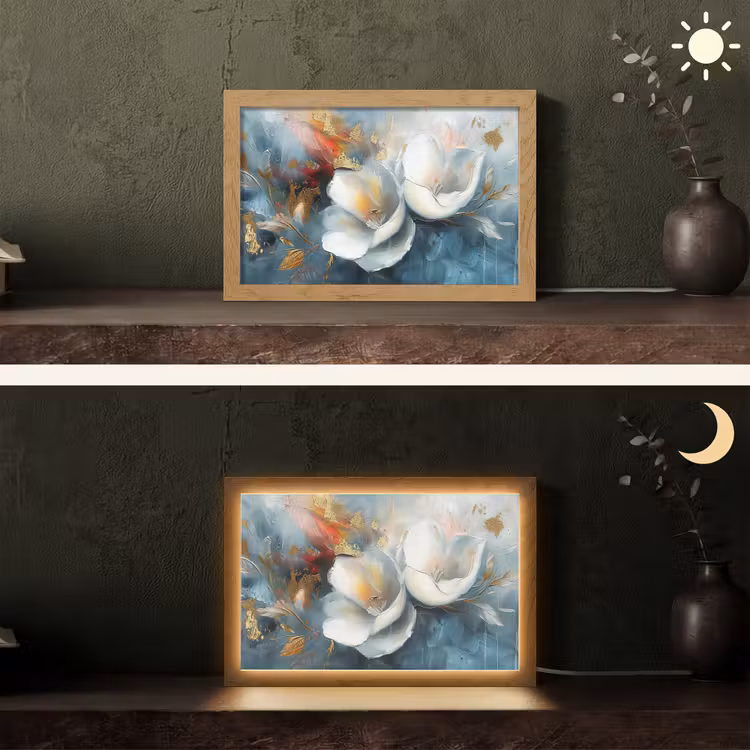 Bloemen - Wit - Goud - Kunst - Abstract Light Box met kabel (Tafellamp) klein -sfeer3