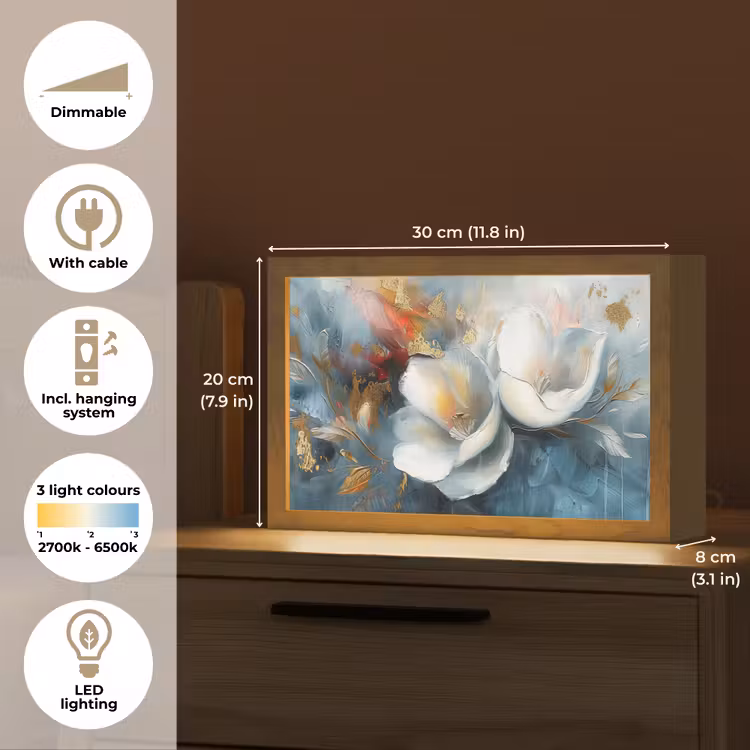 Bloemen - Wit - Goud - Kunst - Abstract Light Box met kabel (Tafellamp) klein -USP_EN