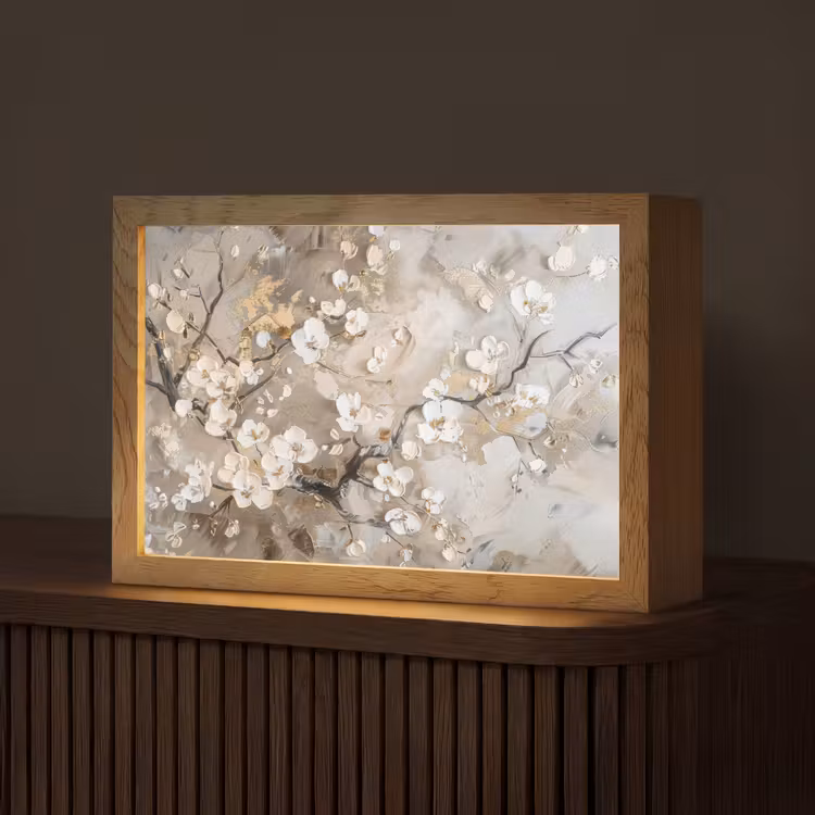 Bloemen - Wit - Goud - Beige - Luxe Light Box met kabel (Tafellamp) klein -z3d_website