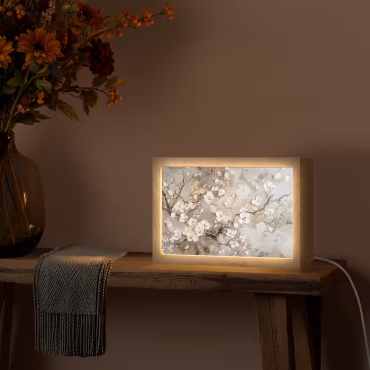 Bloemen - Wit - Goud - Beige - Luxe Light Box met kabel (Tafellamp) klein -sfeer4