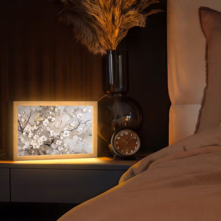 Bloemen - Wit - Goud - Beige - Luxe Light Box met kabel (Tafellamp) klein -sfeer1