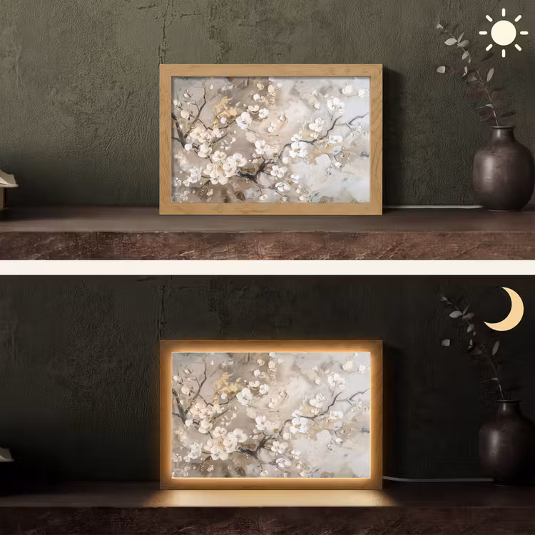 Bloemen - Wit - Goud - Beige - Luxe Light Box met kabel (Tafellamp) klein -sfeer3