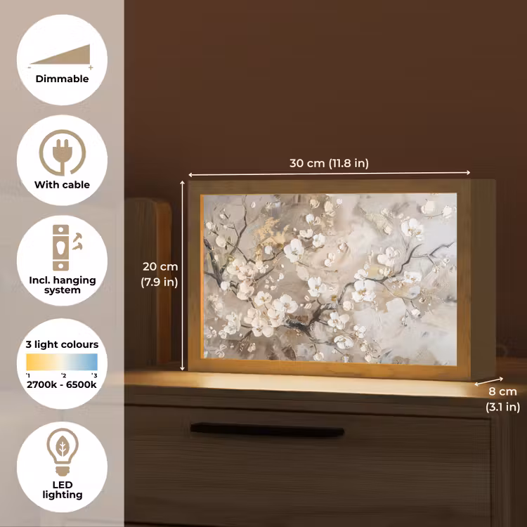 Bloemen - Wit - Goud - Beige - Luxe Light Box met kabel (Tafellamp) klein -USP_EN