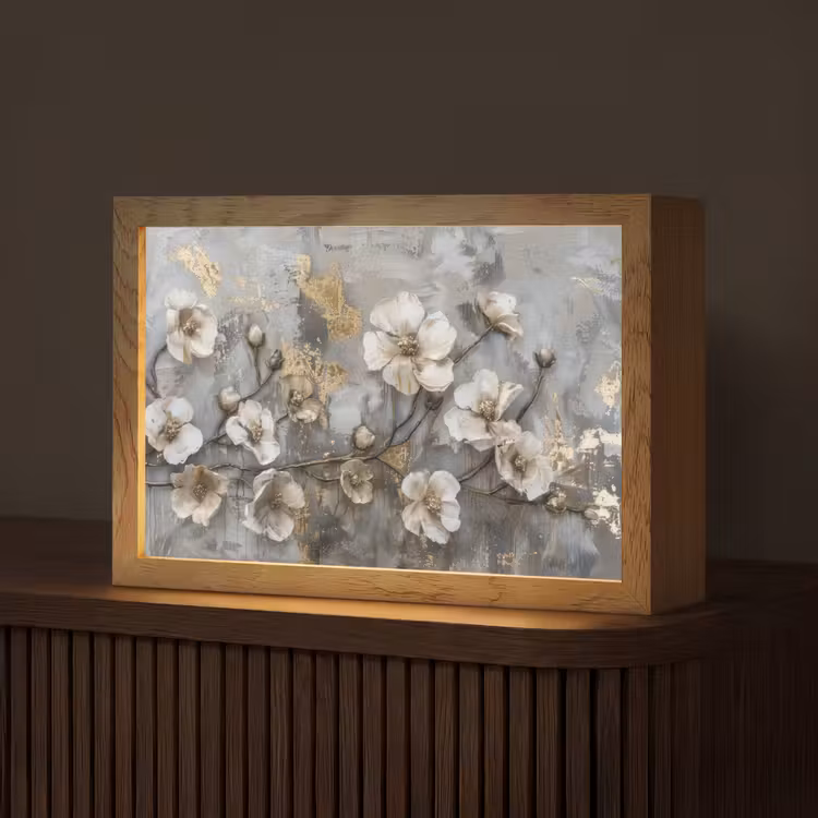 Bloemen - Wit - Grijs - Goud - Luxe Light Box met kabel (Tafellamp) klein -z3d_website