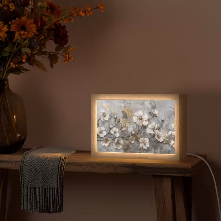 Bloemen - Wit - Grijs - Goud - Luxe Light Box met kabel (Tafellamp) klein -sfeer4