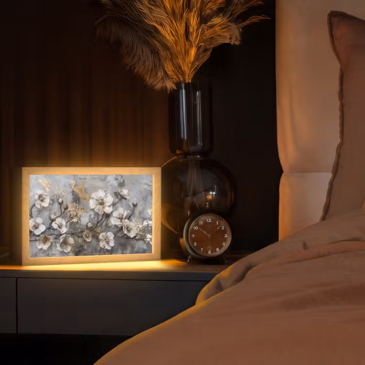 Bloemen - Wit - Grijs - Goud - Luxe Light Box met kabel (Tafellamp) klein -sfeer1
