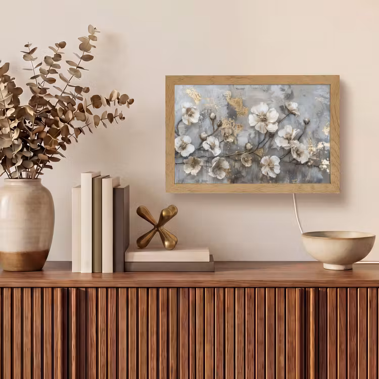 Bloemen - Wit - Grijs - Goud - Luxe Light Box met kabel (Tafellamp) klein -sfeer2